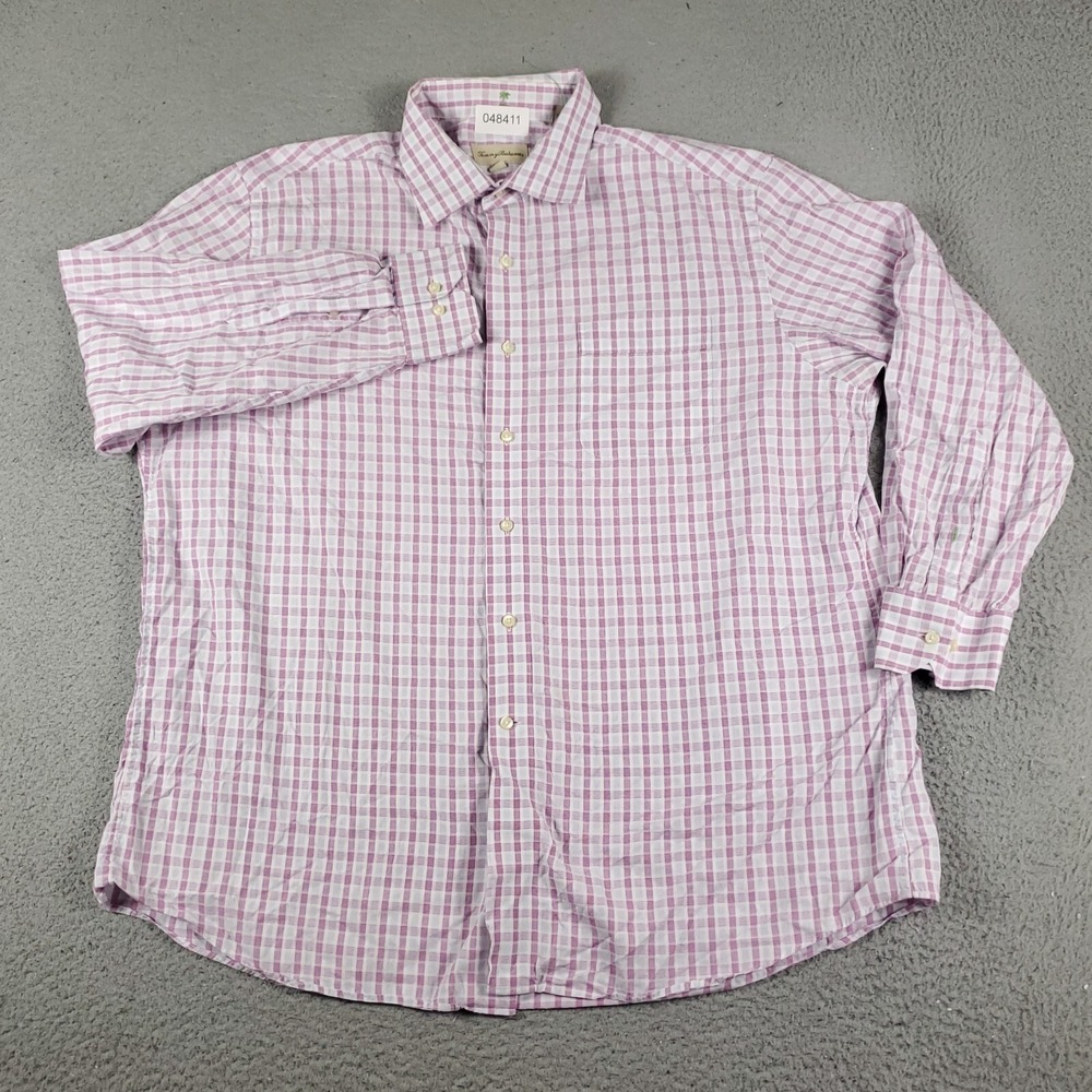 Tommy Bahama Shirt Mens 17.5 Purple Plaid Dress Button Up Long Sleeve *